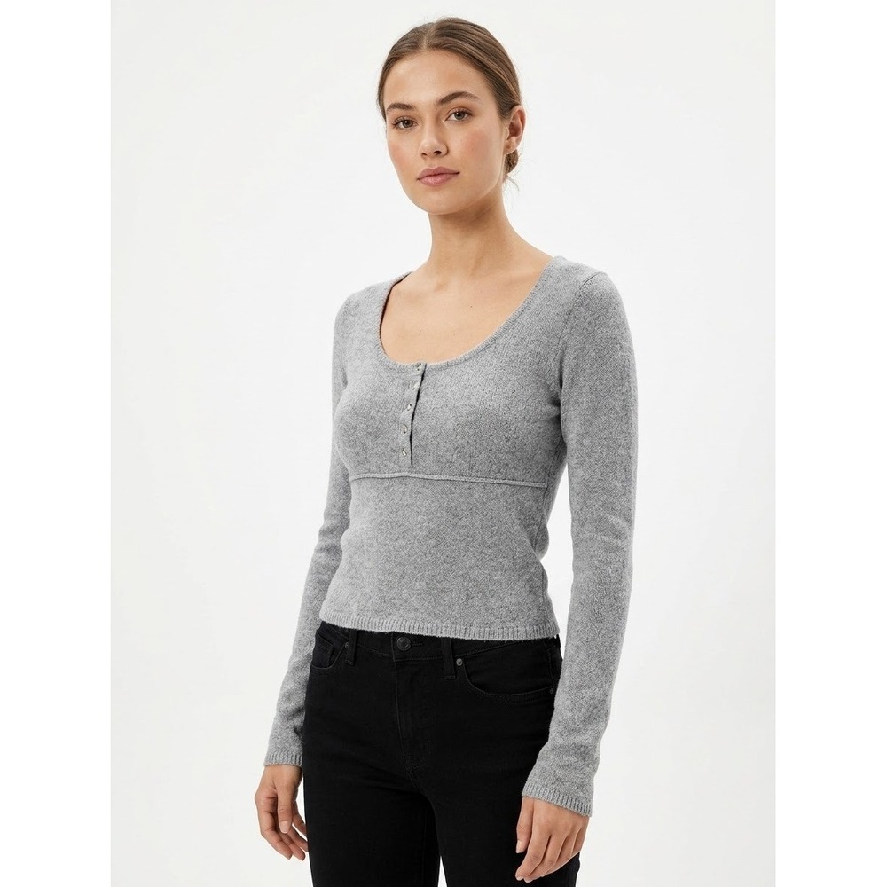 American Eagle Gray Long Sleeve Henley Sweater Empire Waist Scoop Neck Small